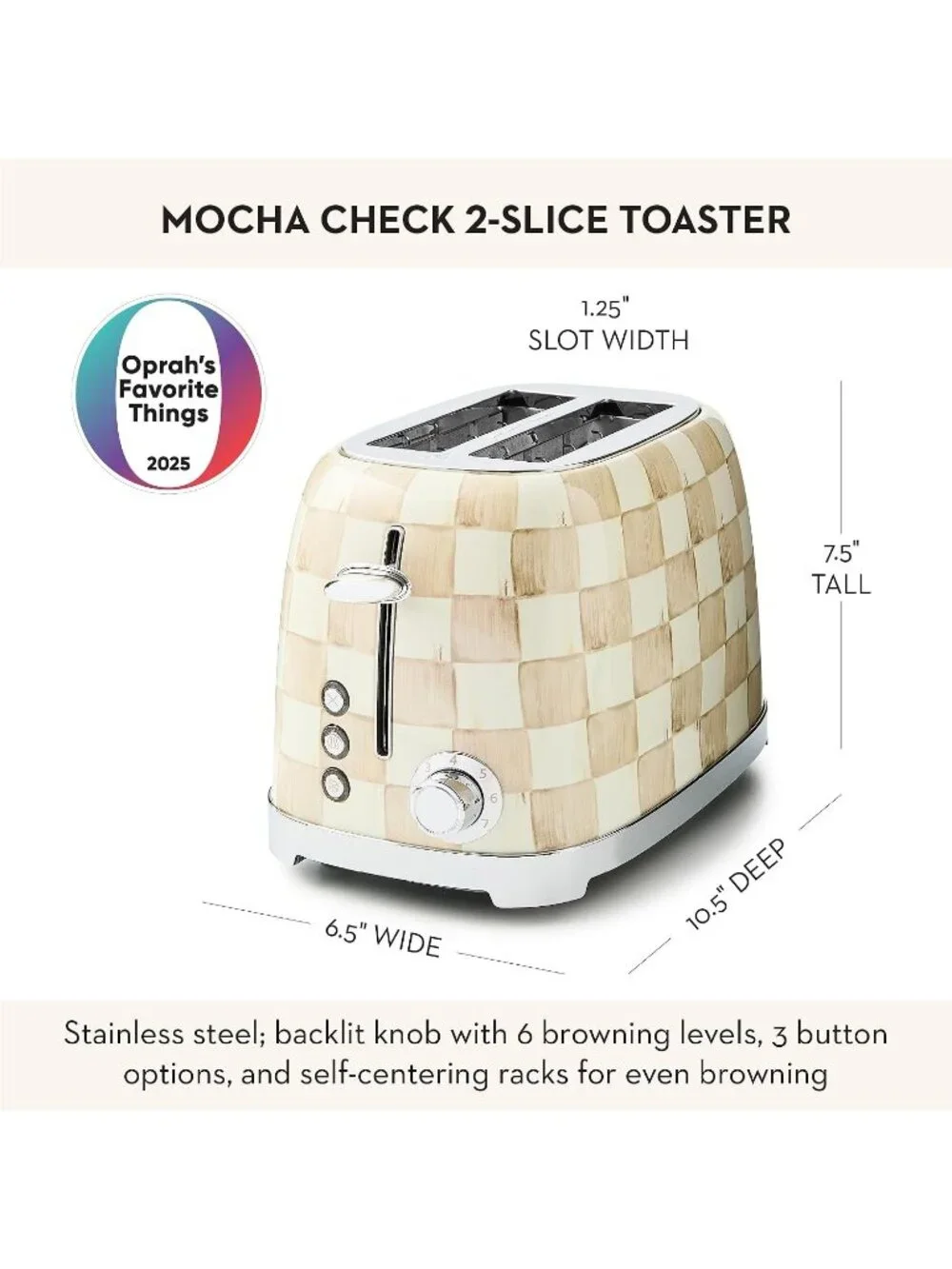 2-Slice Mocha Check Courtly Check Stainless Steel Decorative Bread Toaster